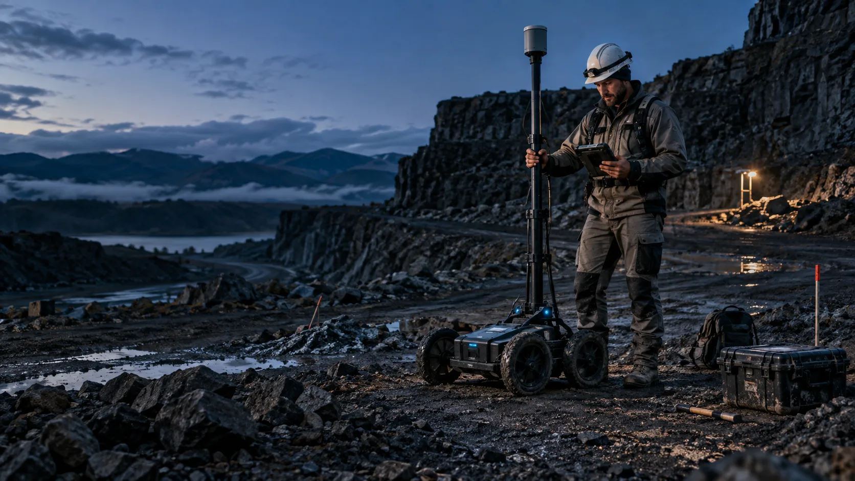 Techniker mit professionellem 3D-Bodenscanner bei einer geologischen Bodenanalyse